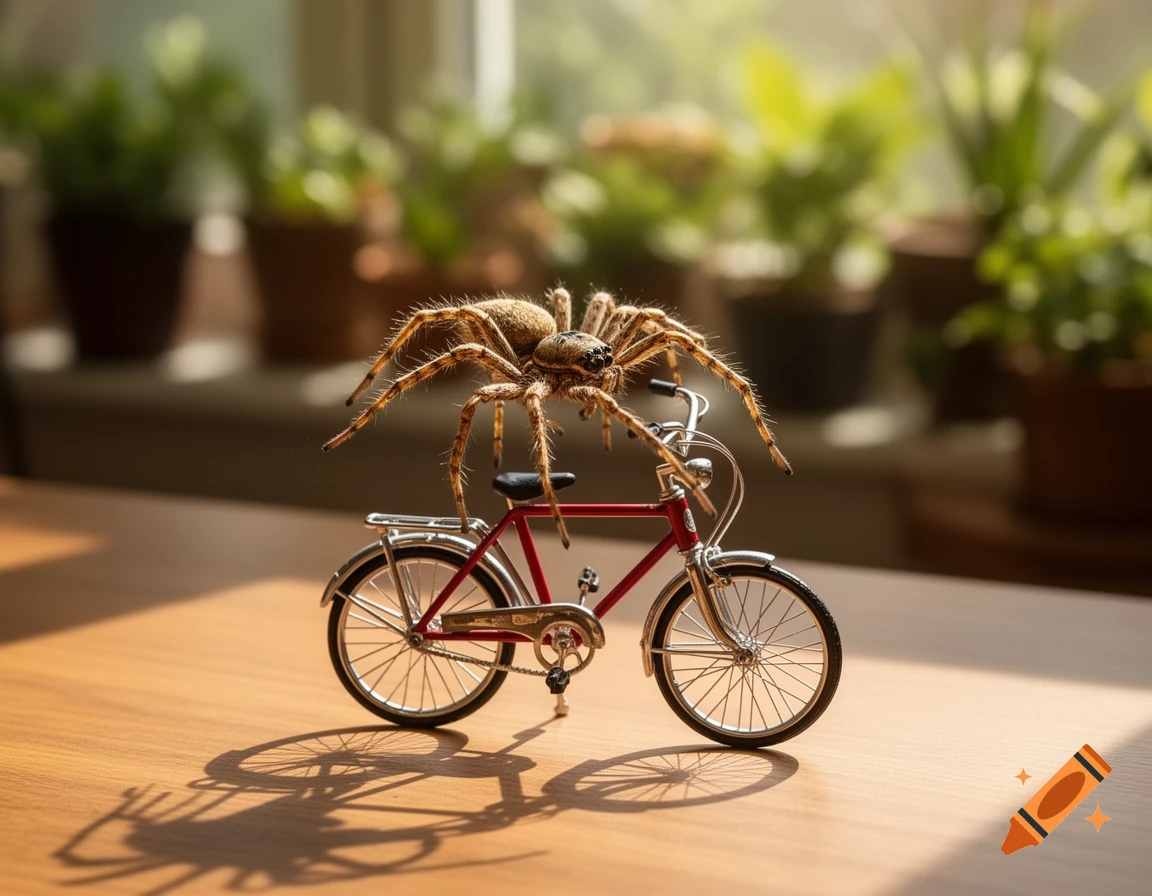 A large, hairy spider rides a tiny red bicycle on a wooden table, with blurry green plants in the background.