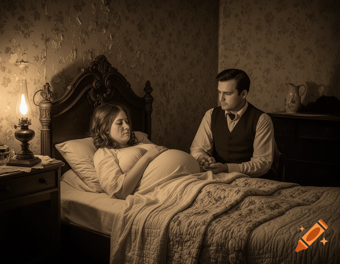 A sepia-toned image of a pregnant woman crying in a bed, her husband sits beside her, holding her hands in a dimly lit, old-fashioned room.