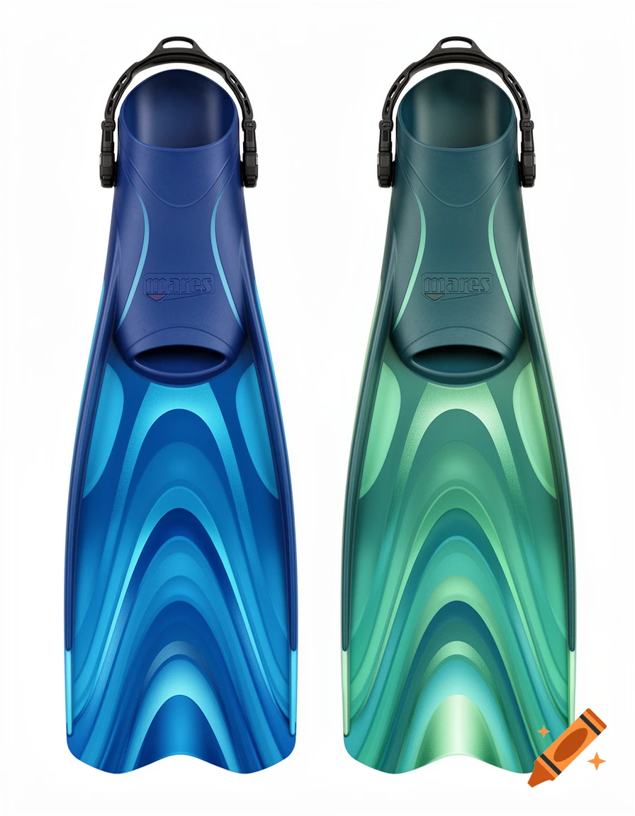 Two Mares diving fins, one blue and one green, with wavy designs, standing upright on a white background.
