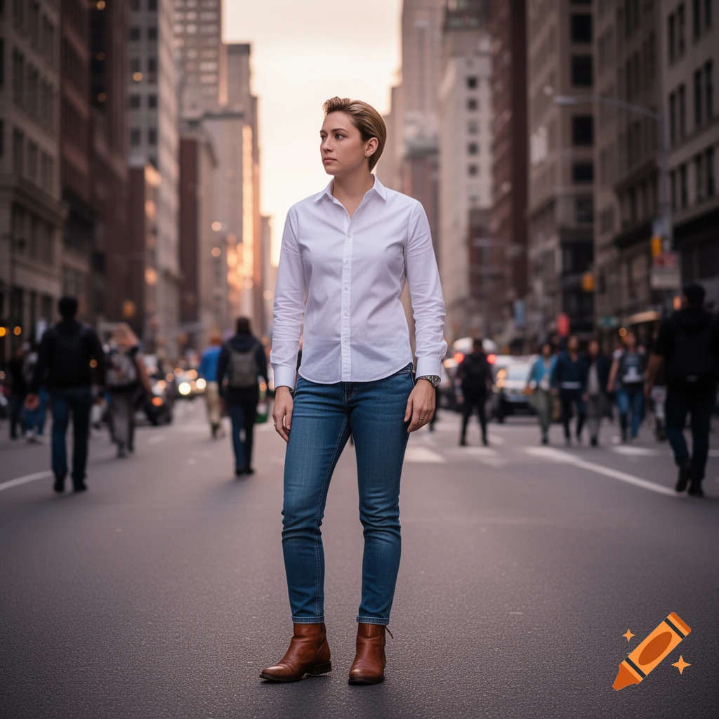 A woman in a white shirt, blue jeans, and brown boots stands in the middle of a city street at dusk, looking to her right.