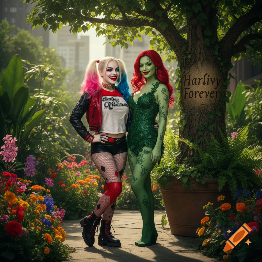 Two women, Harley Quinn and Poison Ivy, pose in a lush garden. Harley wears a red and black outfit with pigtails, and Ivy wears a green leafy bodysuit. "Harlivy Forever" is carved into a tree trunk beside them.