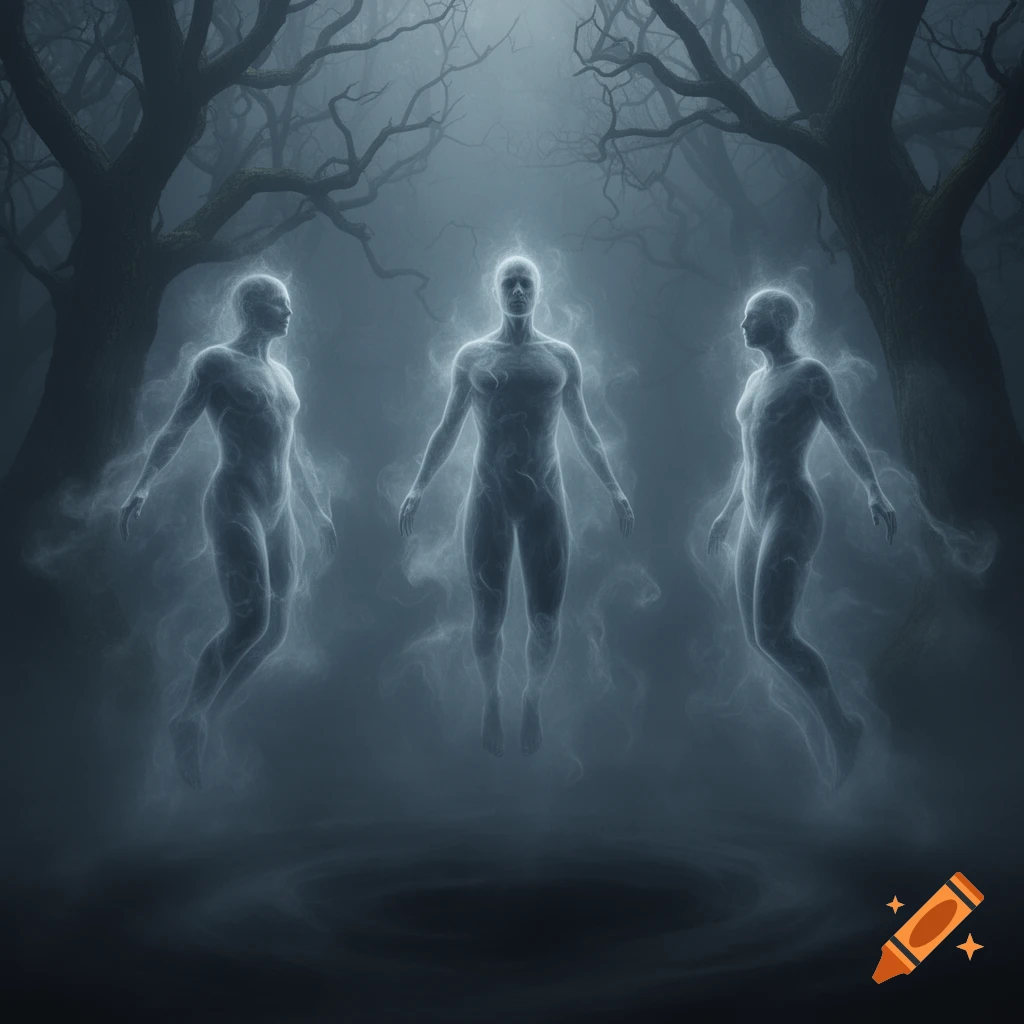 Three glowing, spectral figures float in a dark, misty forest with bare, twisted trees, evoking a supernatural scene.