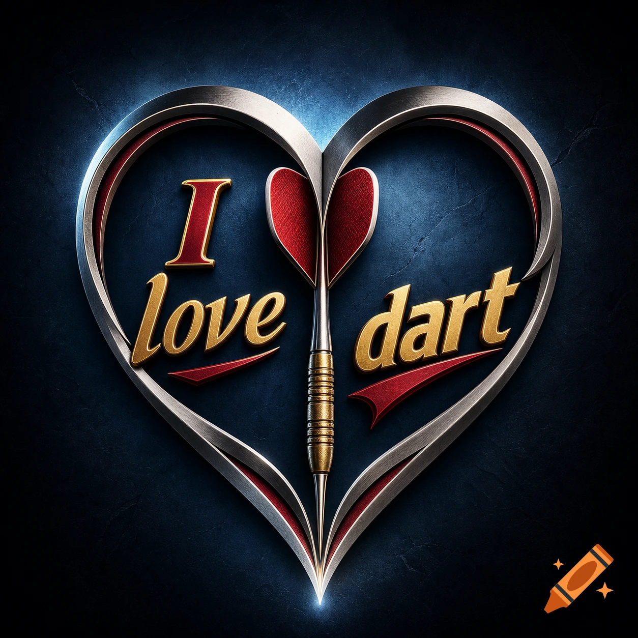 A stylized metallic heart logo with a dart at its center, surrounded by the golden text "I love dart" with red accents, all glowing on a dark textured background.
