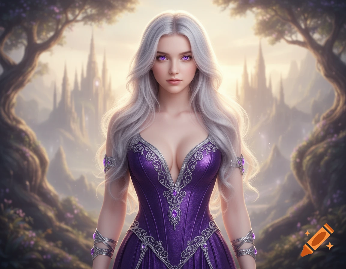 A beautiful woman with long silver hair, violet eyes, and a shimmering purple fantasy gown stands before a mystical castle and gnarled trees.