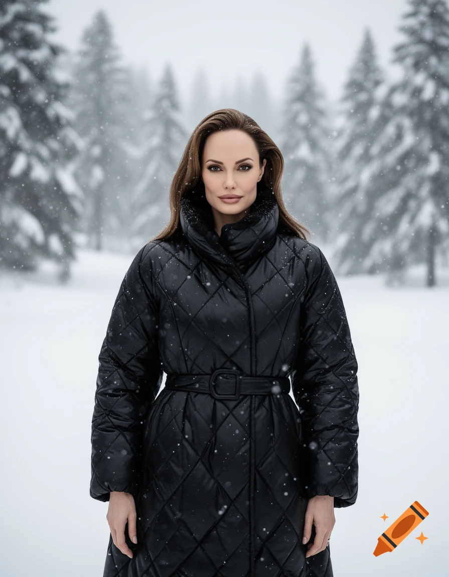 Photorealistic portrait of a woman in a black quilted winter coat standing in a snowy forest.