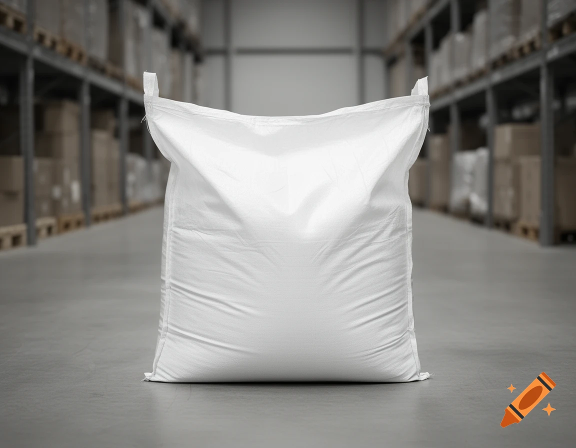 A large white industrial bigbag sits centered on the concrete floor of a warehouse with blurred shelves in the background.