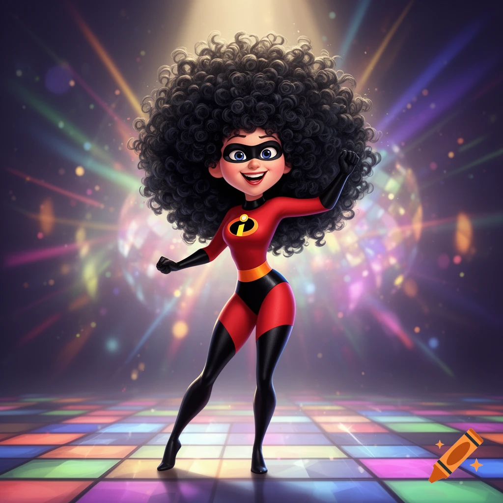 A smiling cartoon superhero with a huge afro and an 'i' logo on her chest disco dances on a colorful light-up floor.