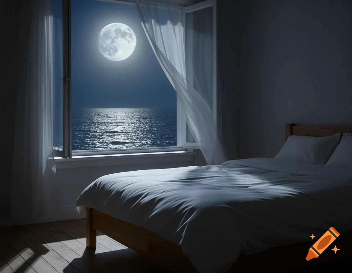 A bedroom at night with an open window looking out at a full moon over the sea, casting silvery light on the bed.