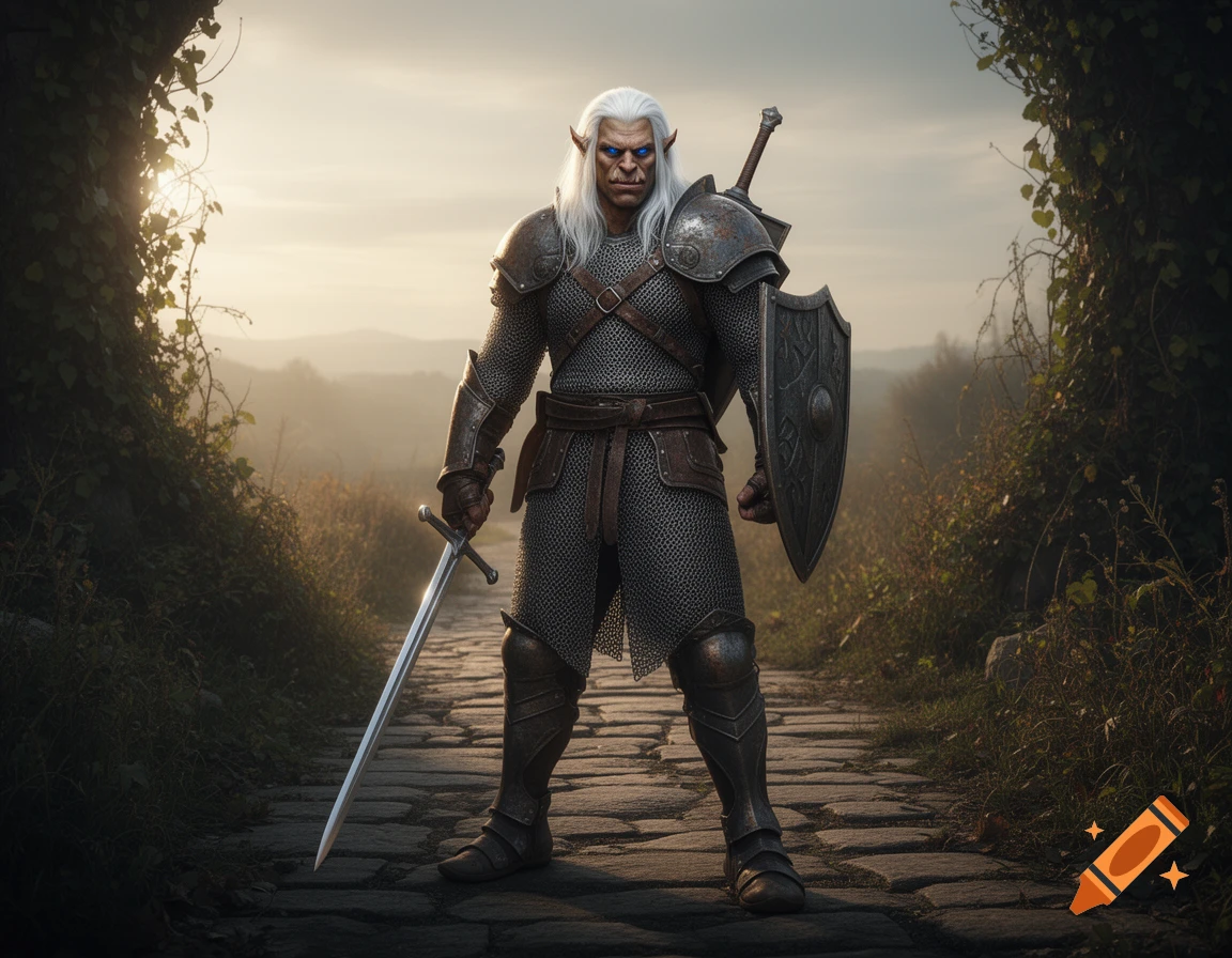 A white-haired, blue-eyed orc paladin in chainmail armor, holding a longsword and shield, stands on a stone path at sunrise.
