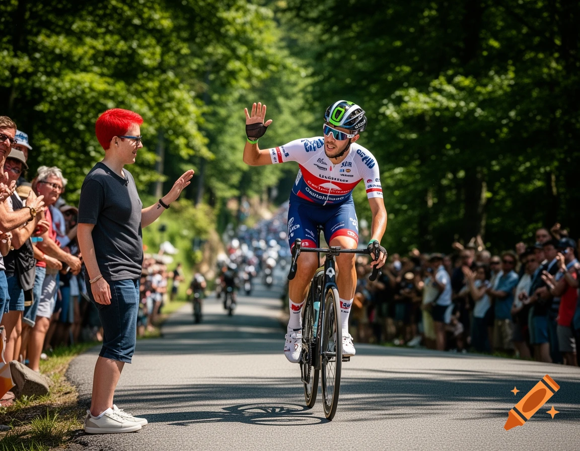 A photorealistic image of a cyclist in a white, blue, and red jersey waving to a spectator with short red hair on the side of a road during a race.