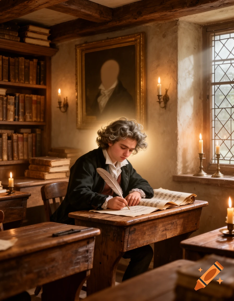 A young Ludwig van Beethoven, with curly grey hair, writes sheet music with a quill in a warm, candlelit, old-fashioned study filled with books.
