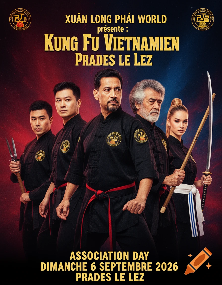 Five martial artists in black uniforms with red belts, some holding weapons, stand against a red and blue gradient background with text promoting a Kung Fu event.