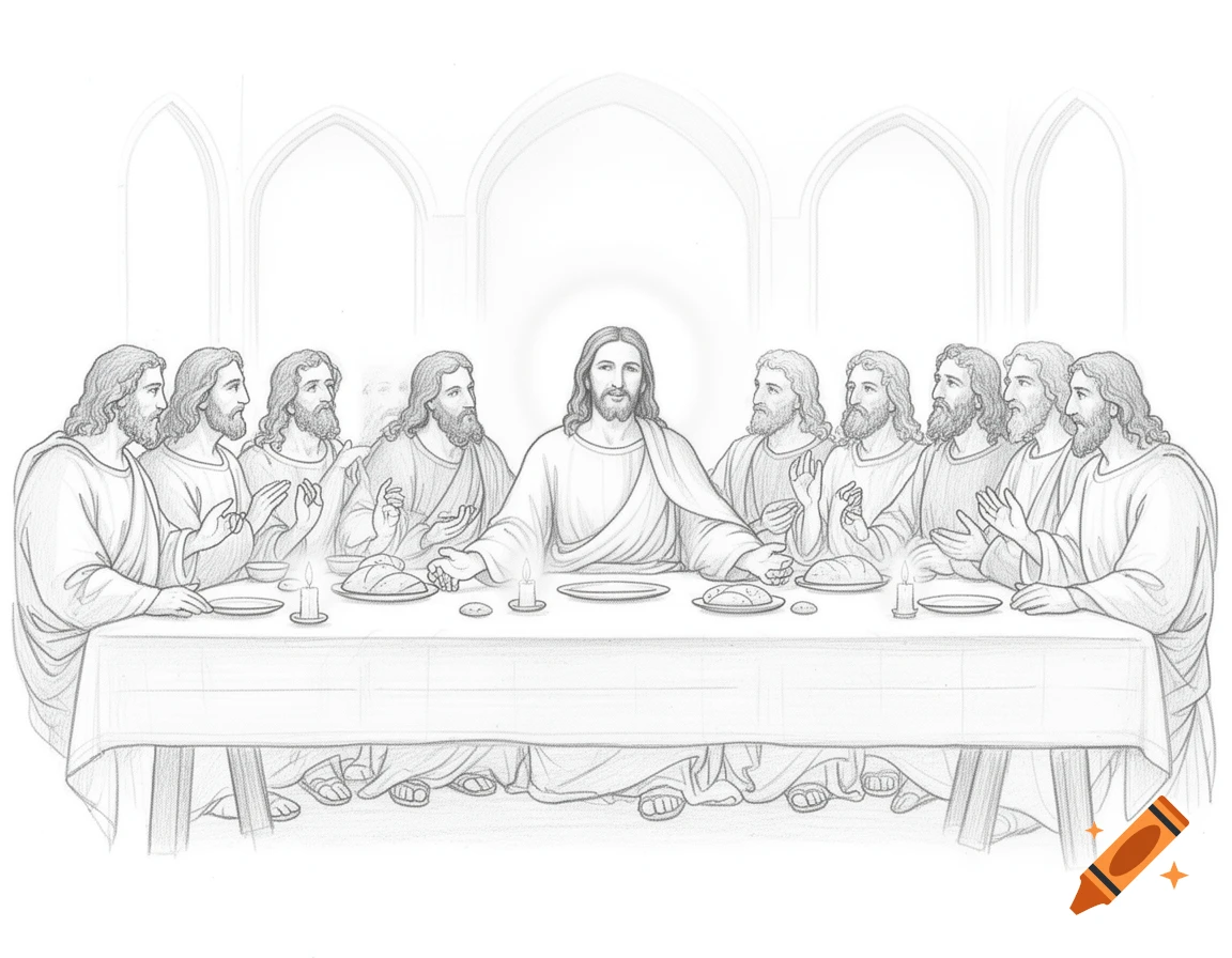 A simple pencil drawing of Jesus and twelve disciples seated around a table for the Last Supper.