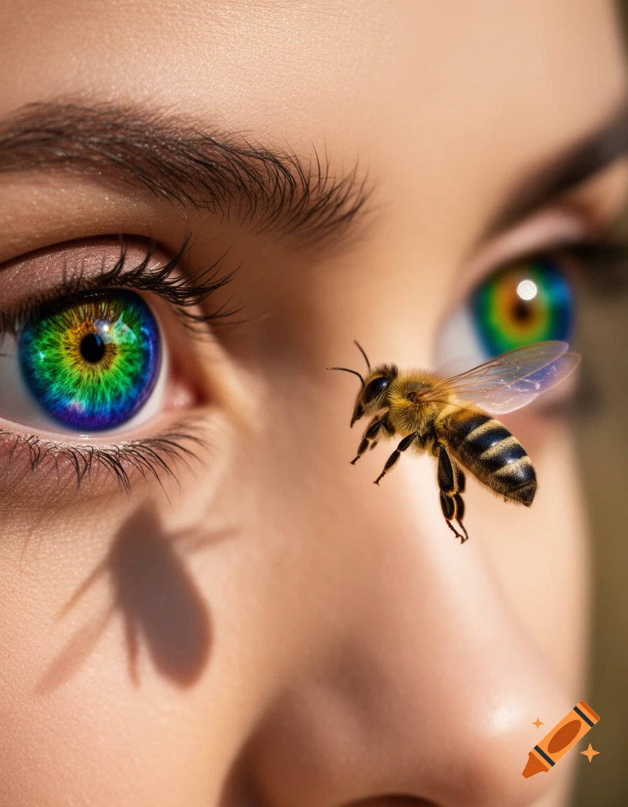 Close-up of a person's face with vibrant rainbow-colored eyes, a bee flying near their nose, casting a shadow.