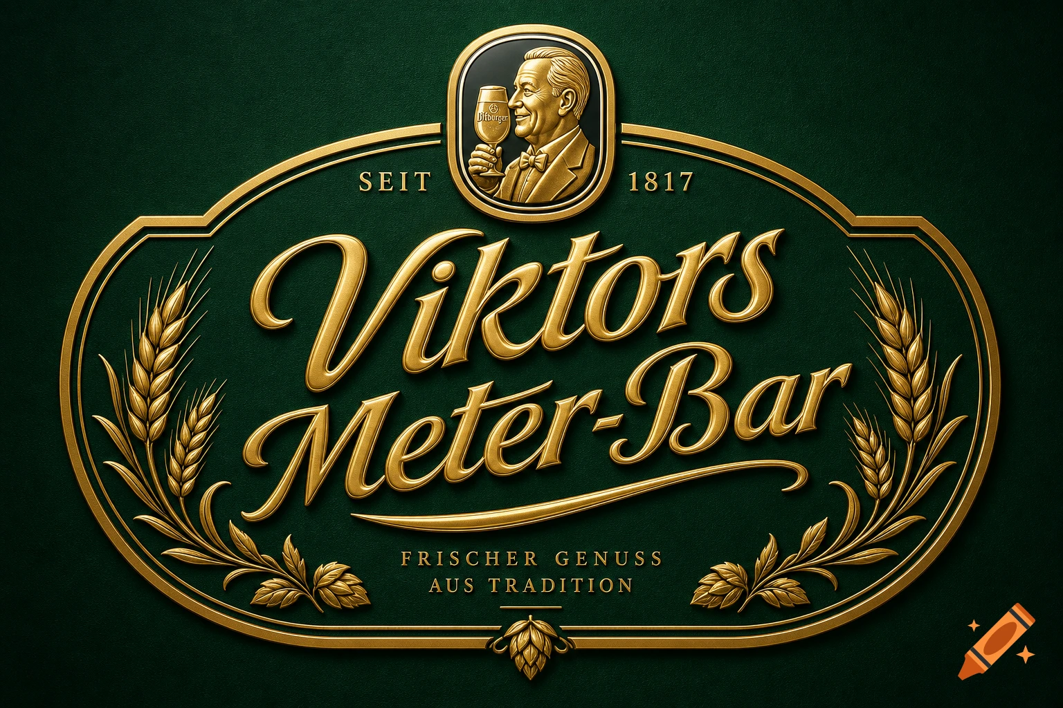 A dark green, gold-embossed vintage-style logo for "Viktors Meter-Bar" featuring wheat stalks, hops, and a bust of a man holding a beer.