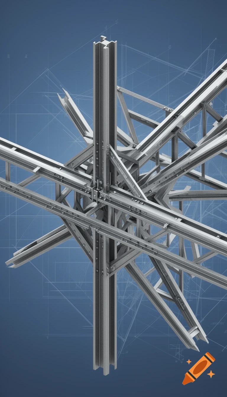 A complex steel structural frame rendered in a CAD style against a blue blueprint background with white lines.