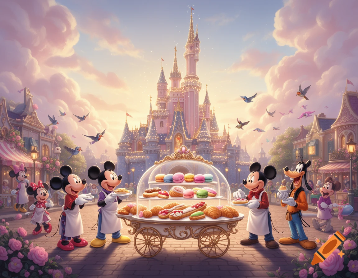 Mickey Mouse, Minnie Mouse, and Goofy present pastries from a cart in front of a sparkling fairytale castle at sunset.