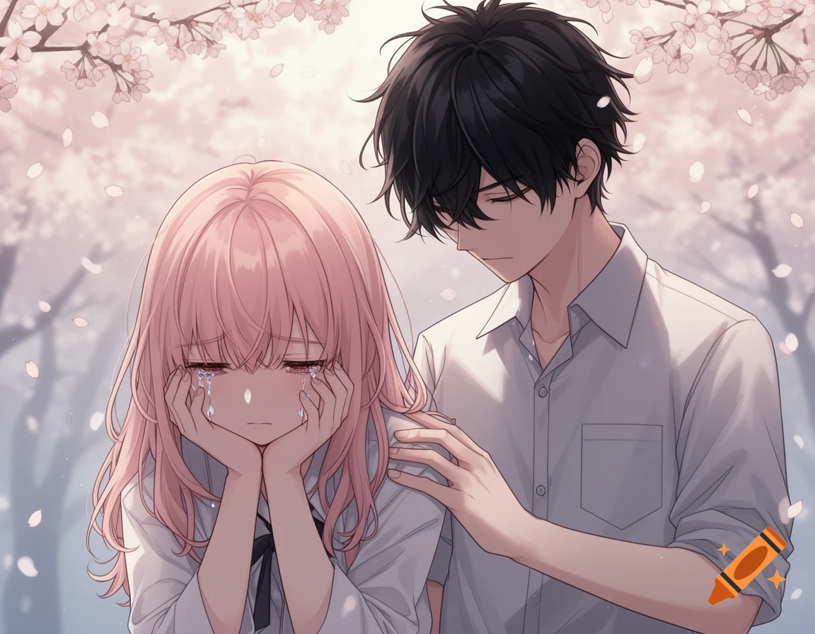 Anime illustration of a pink-haired girl crying while a boy with black hair comforts her under falling cherry blossoms.