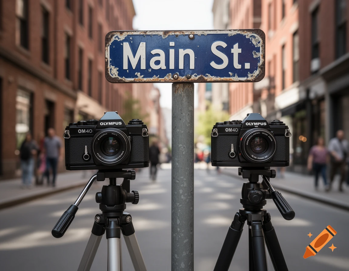 Two black Olympus OM40 cameras on tripods face each other on a city street under a 'Main St.' sign.