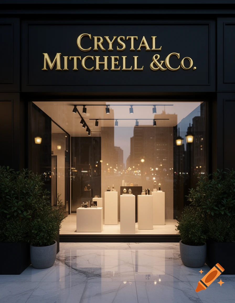 A luxury storefront with a black facade and gold lettering that reads "CRYSTAL MITCHELL &Co." on the sign, seen at dusk with reflections on the marble sidewalk.