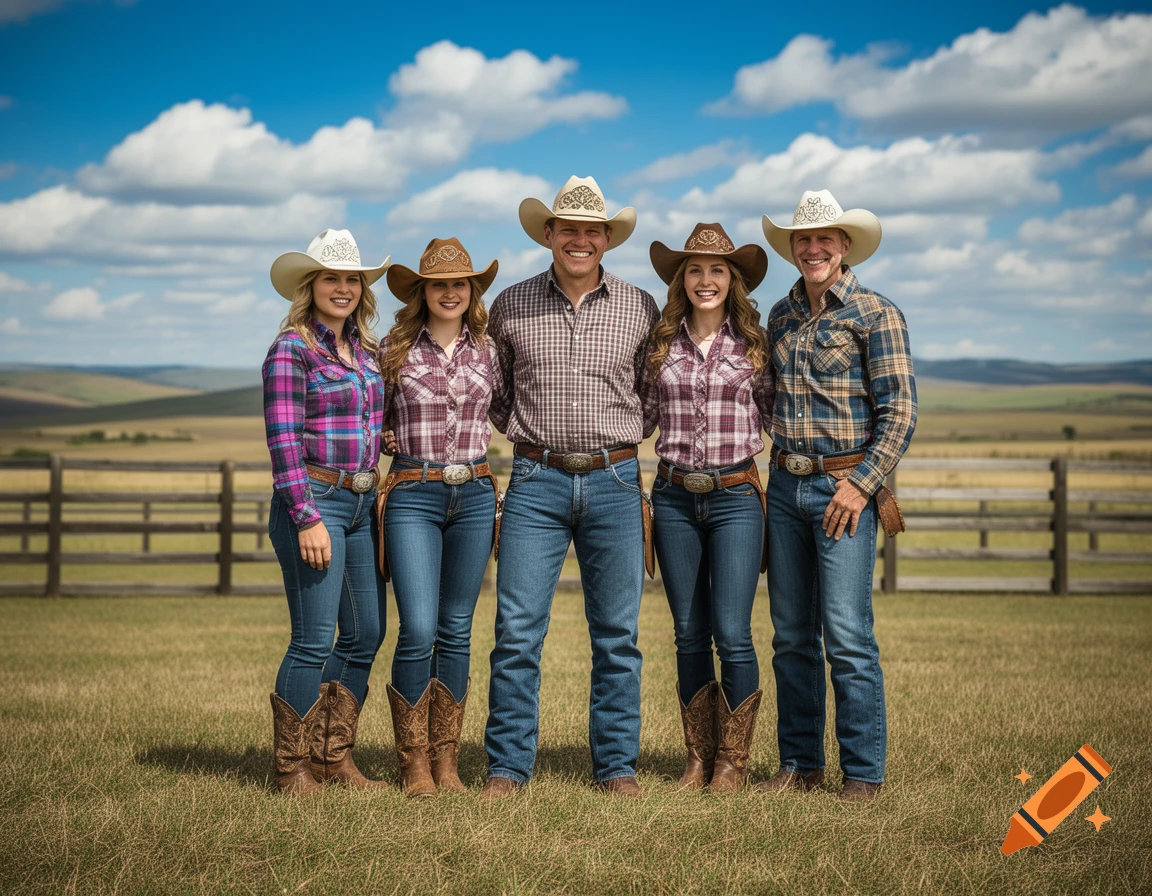 Five smiling cowboys and cowgirls in plaid shirts, jeans, and hats stand in a grassy field under a blue sky.
