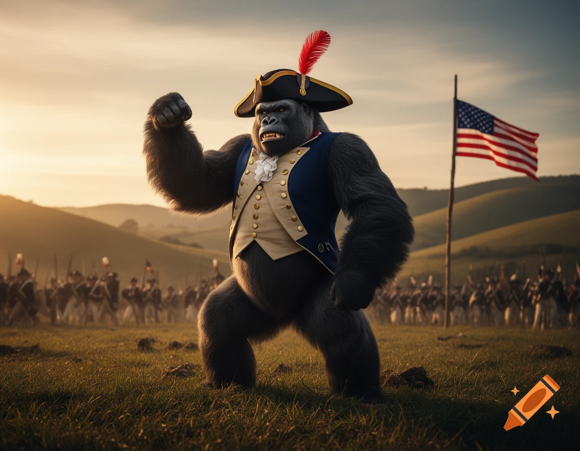 An anthropomorphic gorilla in a historical military uniform clenches its fist, standing in a field with an American flag and soldiers in the background at sunset.