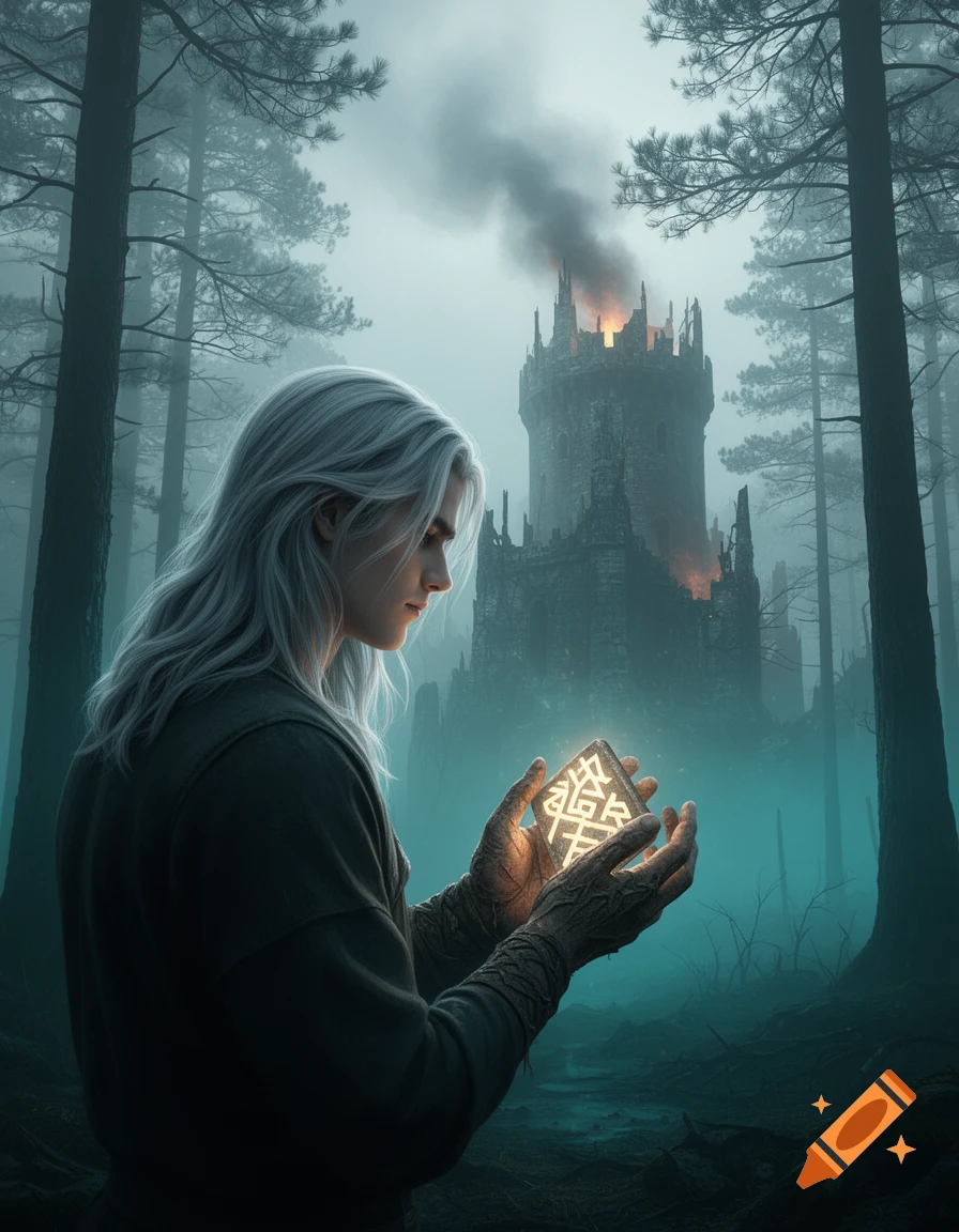 A white-haired man in a misty forest holds a glowing runic artifact, illuminating his face. In the background, a burning, ruined castle emits smoke.