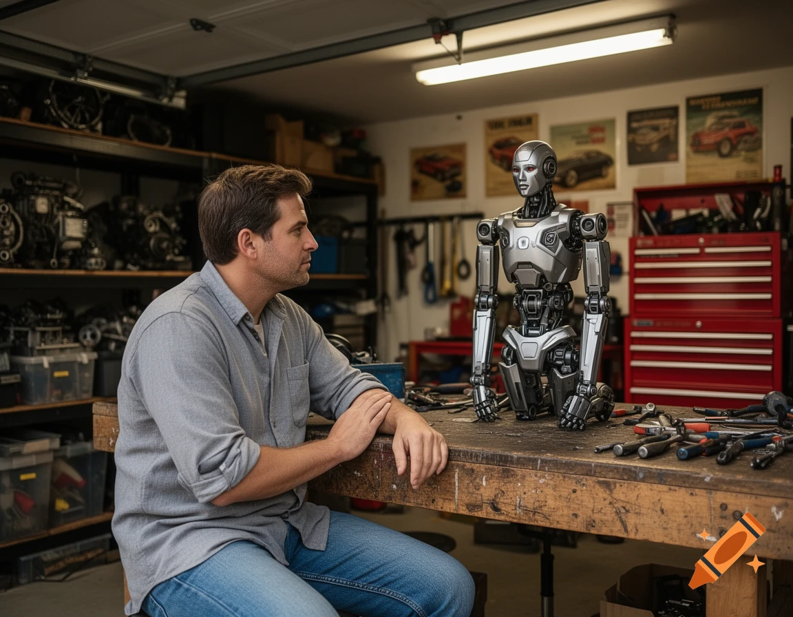 A man sits at a workbench, looking at a silver robot in a cluttered garage workshop.