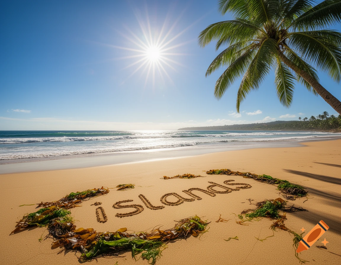 A sunny tropical beach with the word "islands" written in the sand, surrounded by seaweed. A palm tree looms on the right, and ocean waves lap the shore under a bright blue sky.