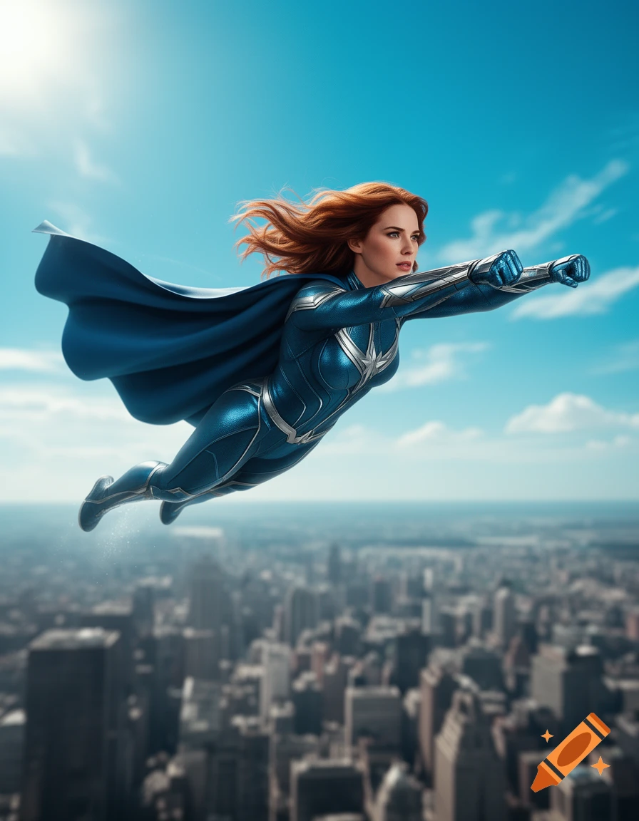 A photorealistic female superhero with red hair, wearing a metallic blue and silver suit and cape, flies over a city against a clear blue sky.