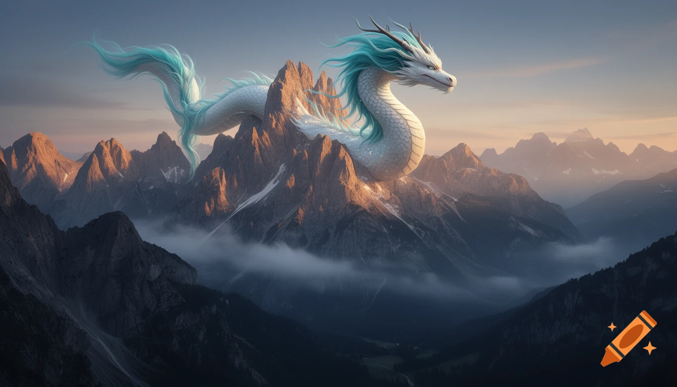 A majestic white eastern dragon with a turquoise mane soars above rugged mountains at golden hour, with mist in valleys.