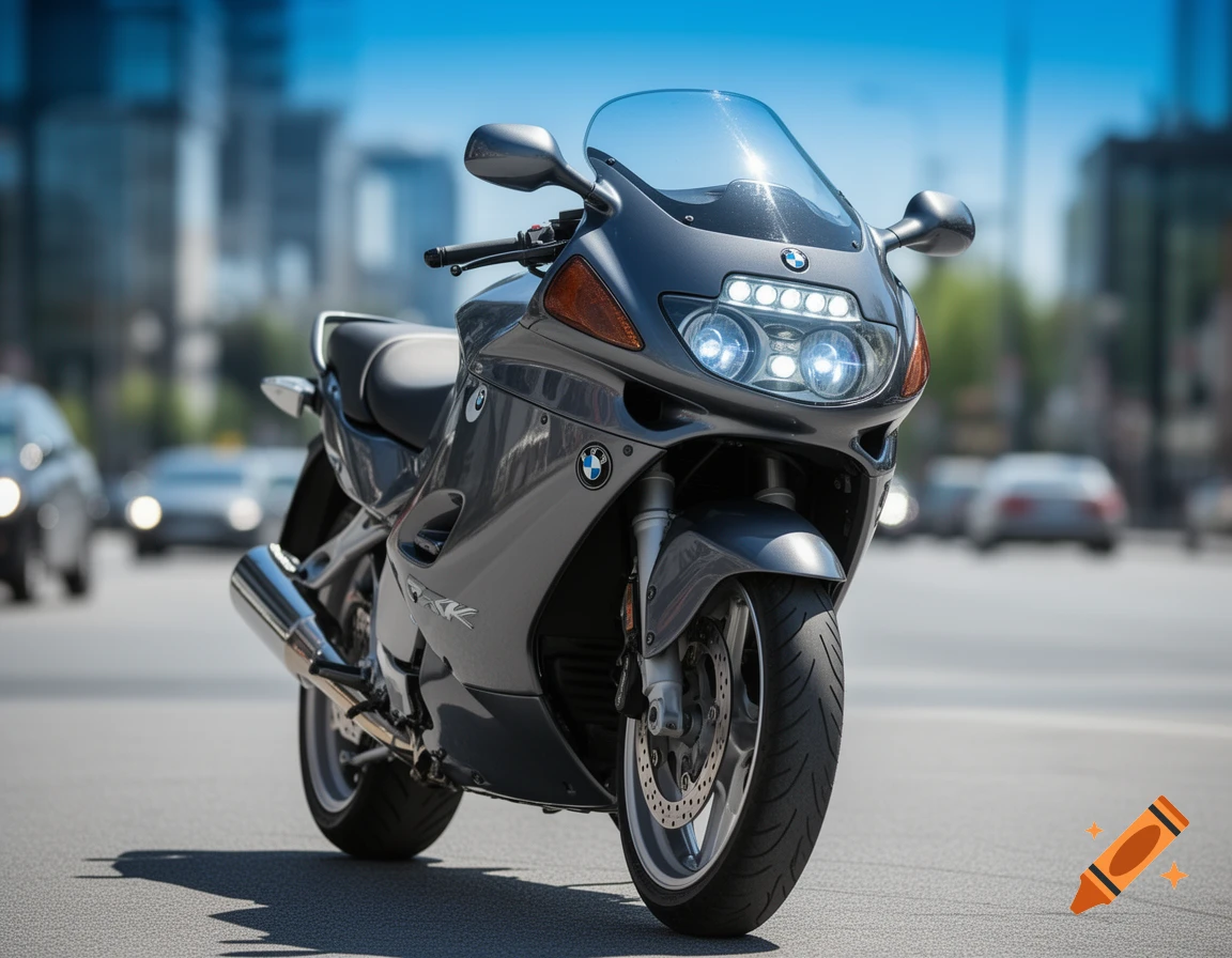 A dark grey BMW sport touring motorcycle with bright custom LED headlights is parked on an asphalt road in a city, with blurred buildings and traffic in the background.