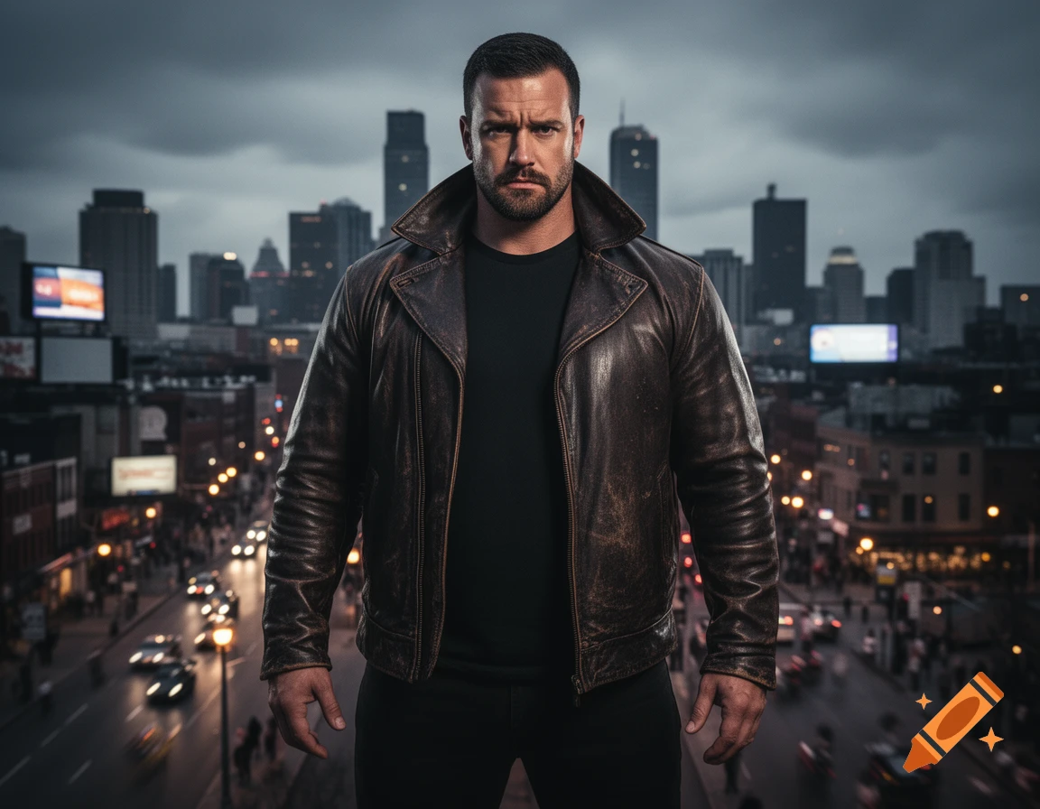 A serious man in a dark leather jacket stands centered before a blurred, bustling city street at dusk, with skyscrapers under a cloudy sky.