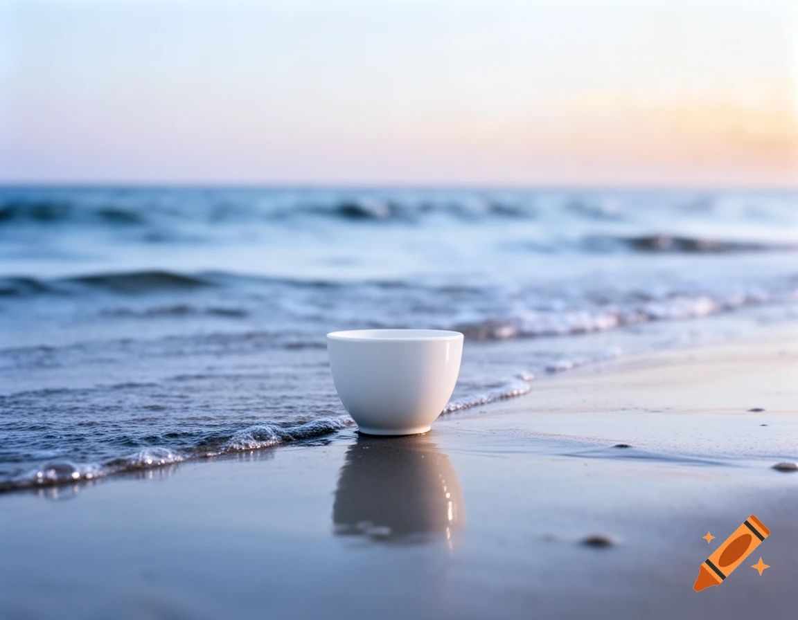 White ceramic cup on a wet sandy beach with ocean waves in the background at sunrise, minimalist style.