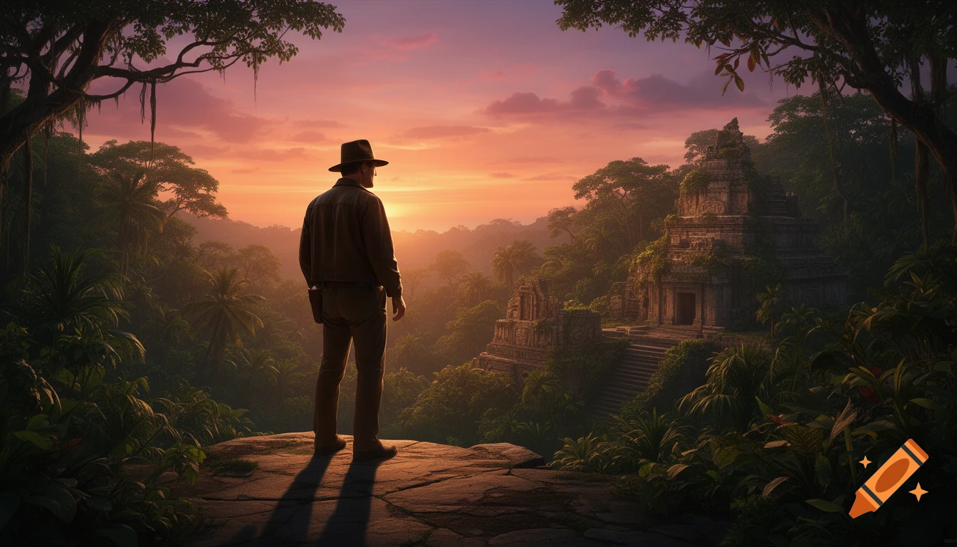 A man in a fedora and brown jacket stands on a rock, looking at ancient jungle ruins under a vibrant sunset sky.