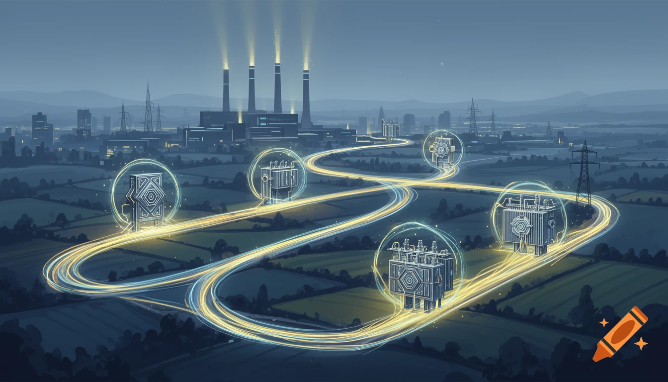 A modern illustration of an electrical power grid at dusk, with glowing energy lines connecting a power plant, transformers, and a city.