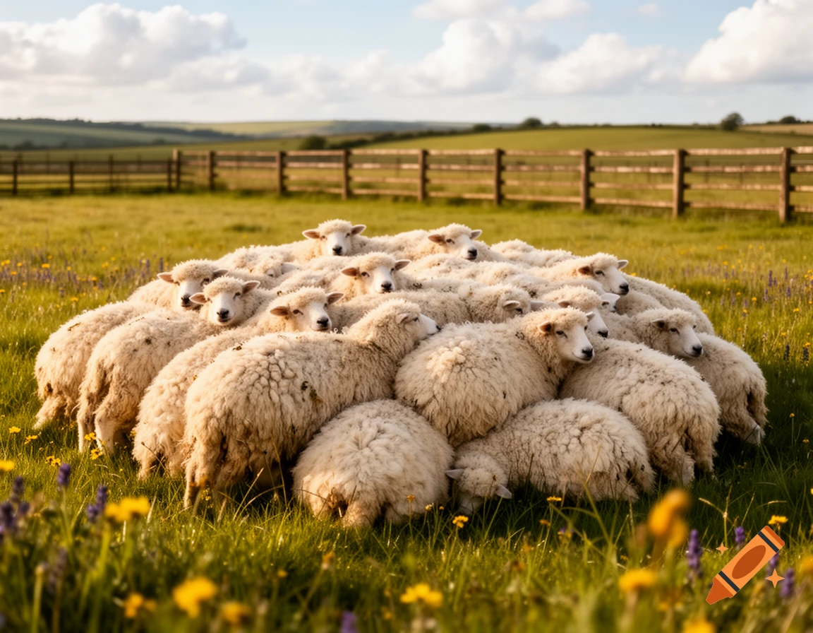 A large pile of fluffy white sheep huddle closely in a vibrant green field with wildflowers under a blue sky. Photorealistic.