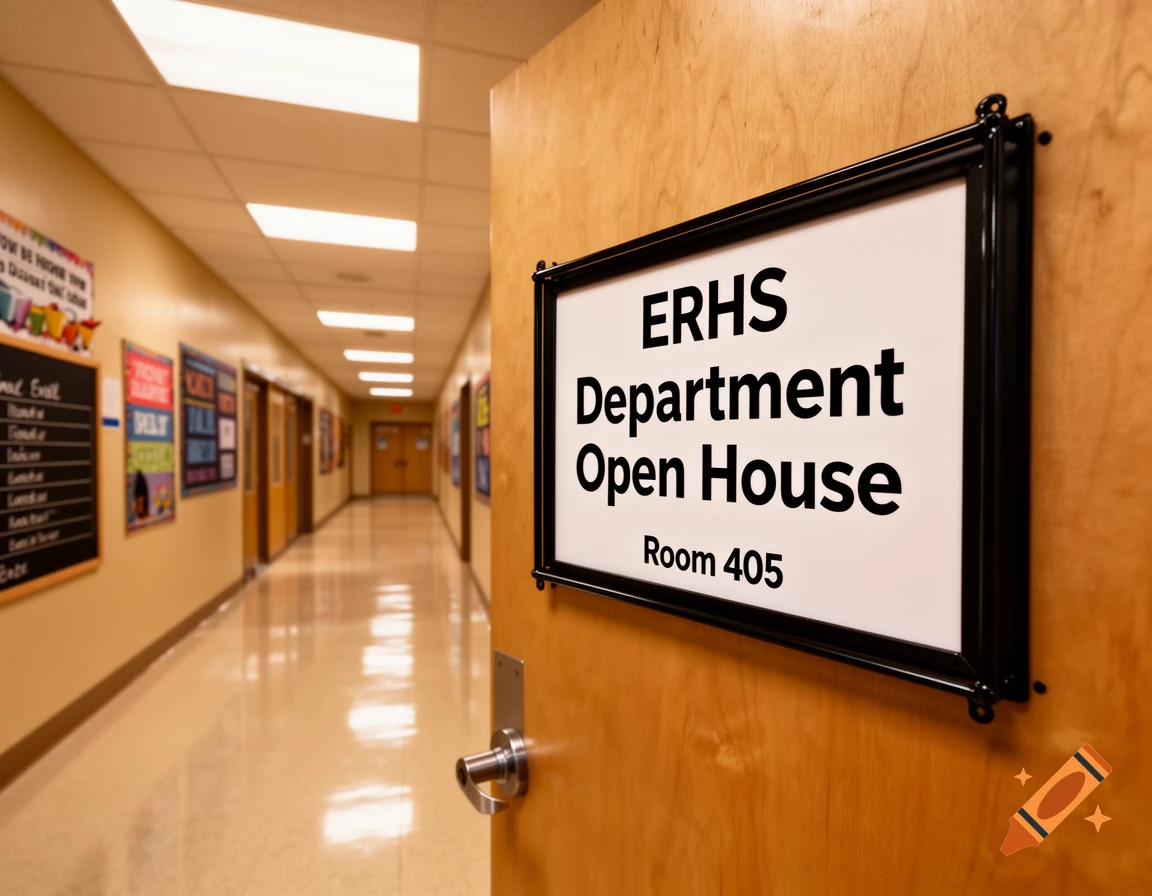 A photorealistic image of a school hallway with a sign on an open door reading "ERHS Department Open House Room 405".