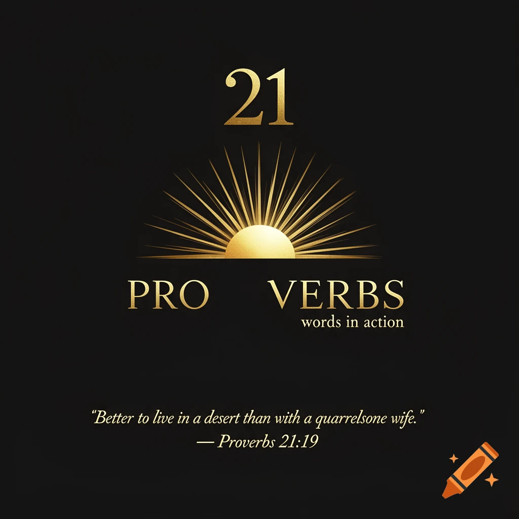A symbolic black and gold design with the number 21, a radiant sun, 'PRO VERBS words in action', and a quote from Proverbs 21:19.