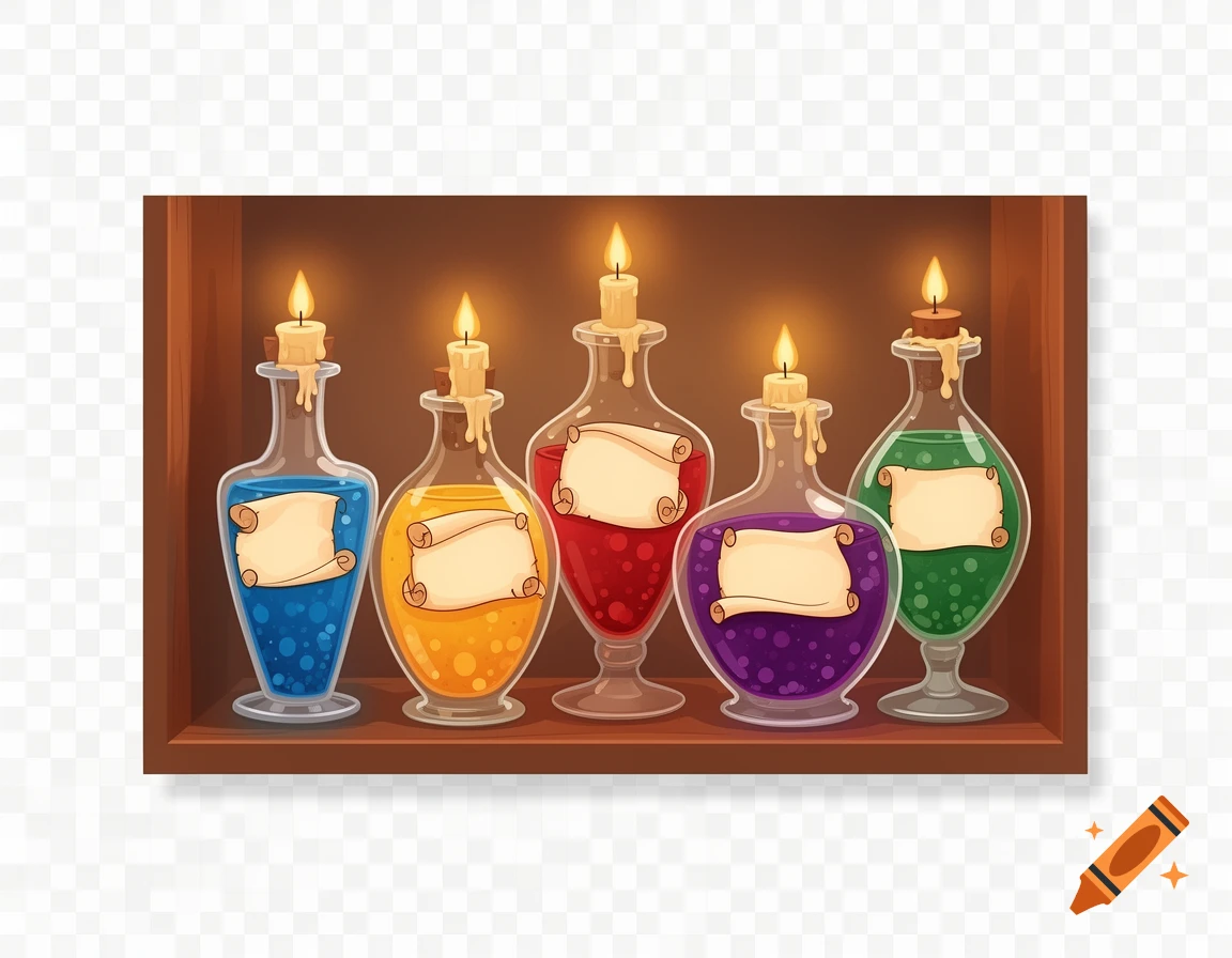 Five glowing jewel-tone potion bottles with blank labels and candles on top, arranged on a wooden apothecary shelf in a flat vector style.