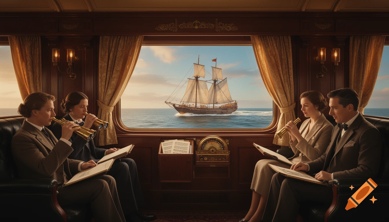 A photorealistic image of people in a luxurious vintage train car looking out a window at a two-masted sailing ship on the ocean.