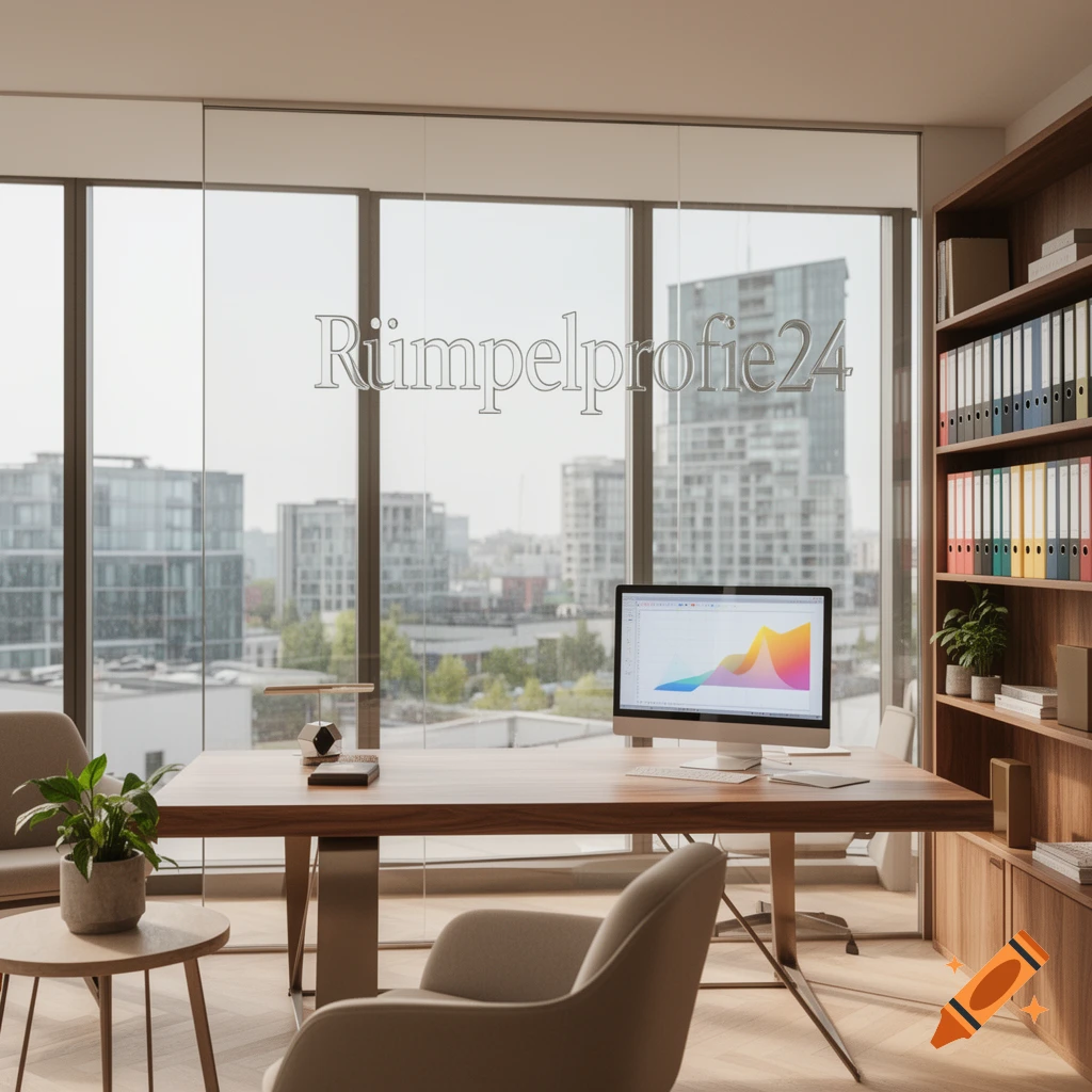 A modern office space with a wooden desk, computer, and a cityscape view through large windows displaying 'Rümpelprofie24'.