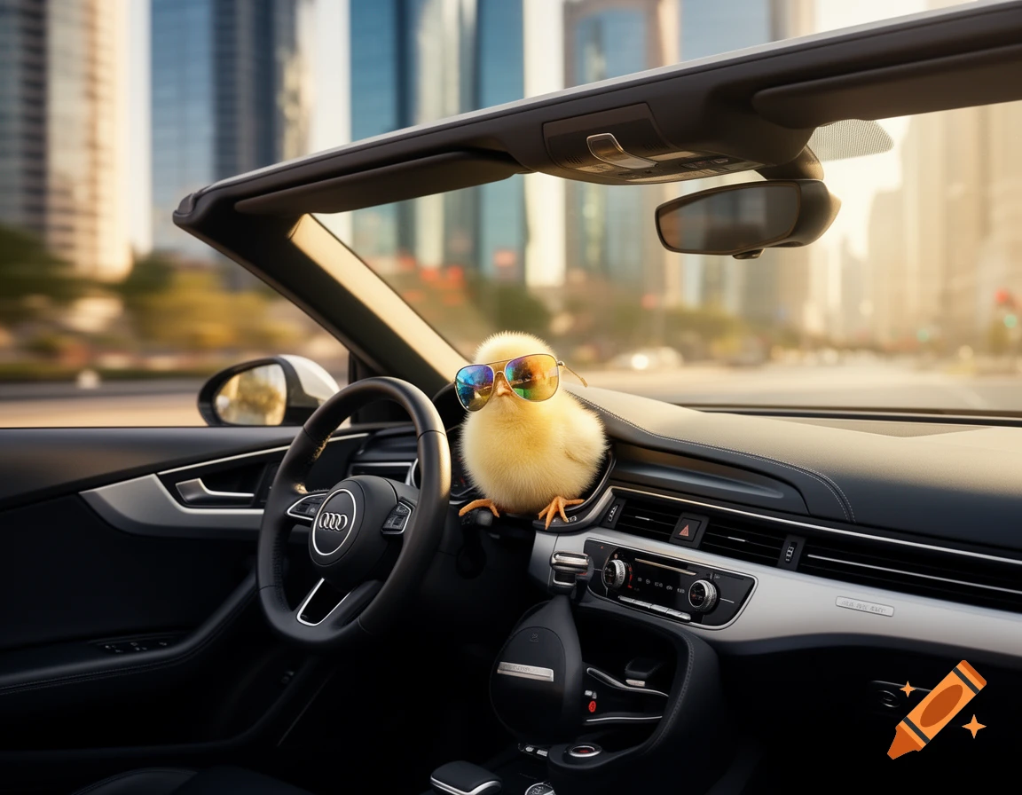 A fluffy yellow chick in aviator sunglasses sits in the driver's seat of a black Audi convertible on a city street.
