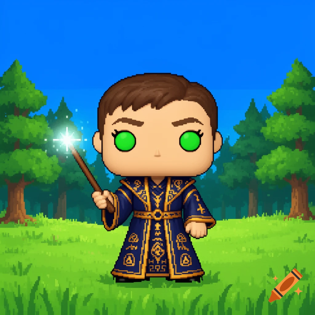 Pixel art Funko Pop style wizard with brown hair, green eyes, in a blue robe, holding a glowing wand in a forest.