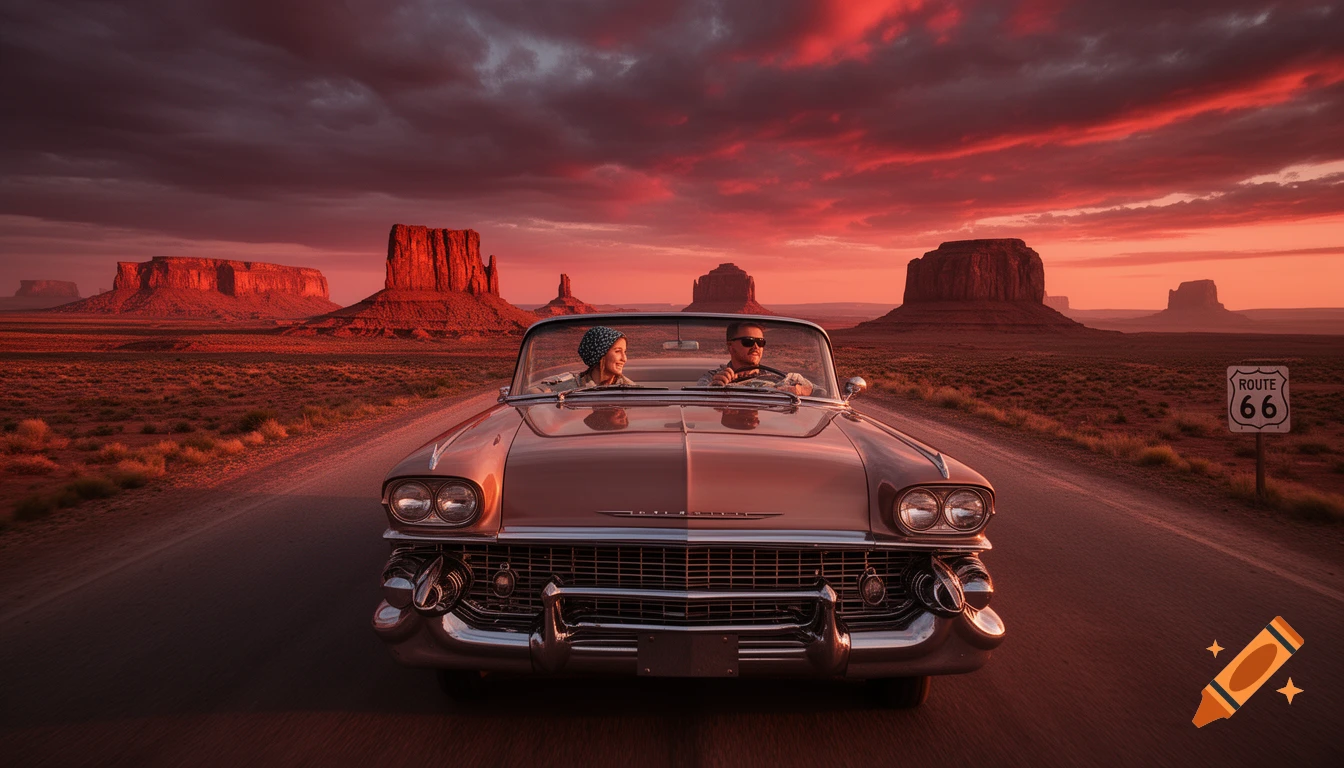 A couple drives a vintage convertible through Monument Valley at sunset with a Route 66 sign.