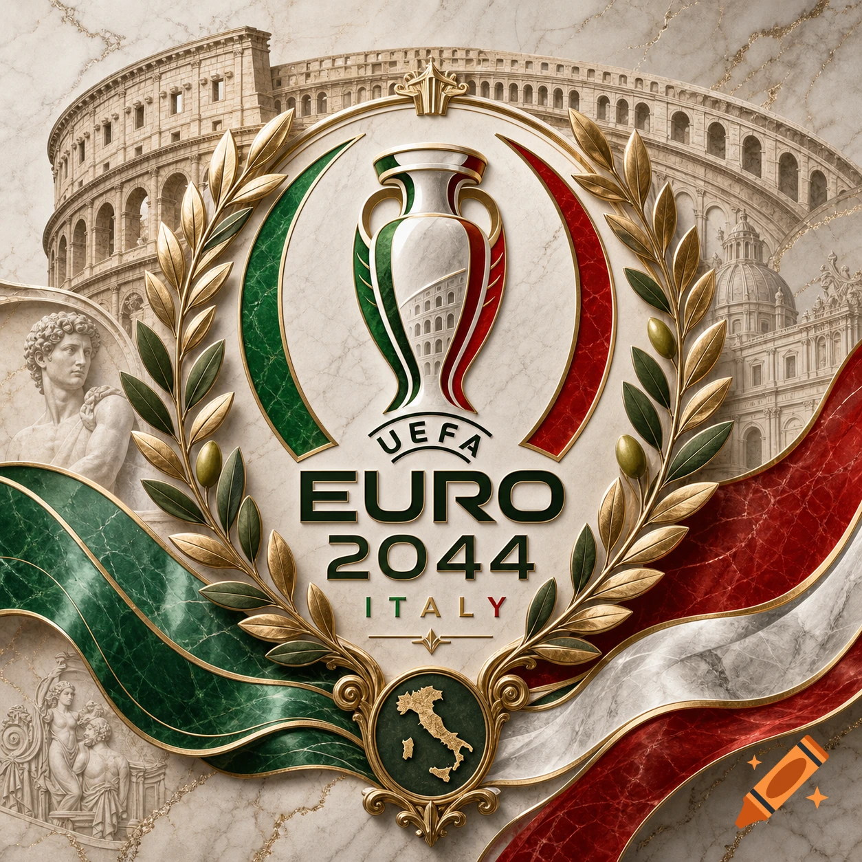 UEFA EURO 2044 Italy logo with Italian flag colors, a trophy, olive branches, the Colosseum, and St. Peter's Basilica on marble.