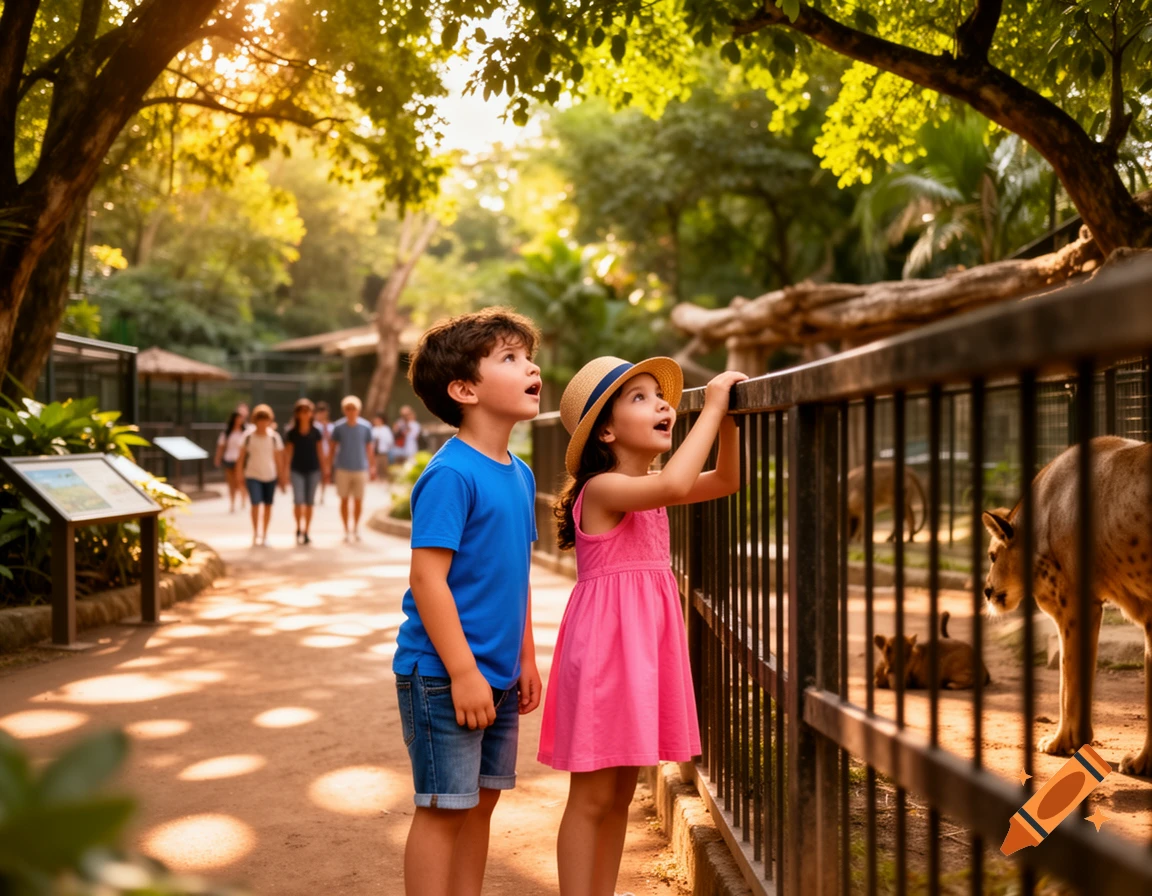 Two children at a zoo, a boy and a girl in a straw hat, looking up at lions in an enclosure, with lush greenery in a photorealistic style.