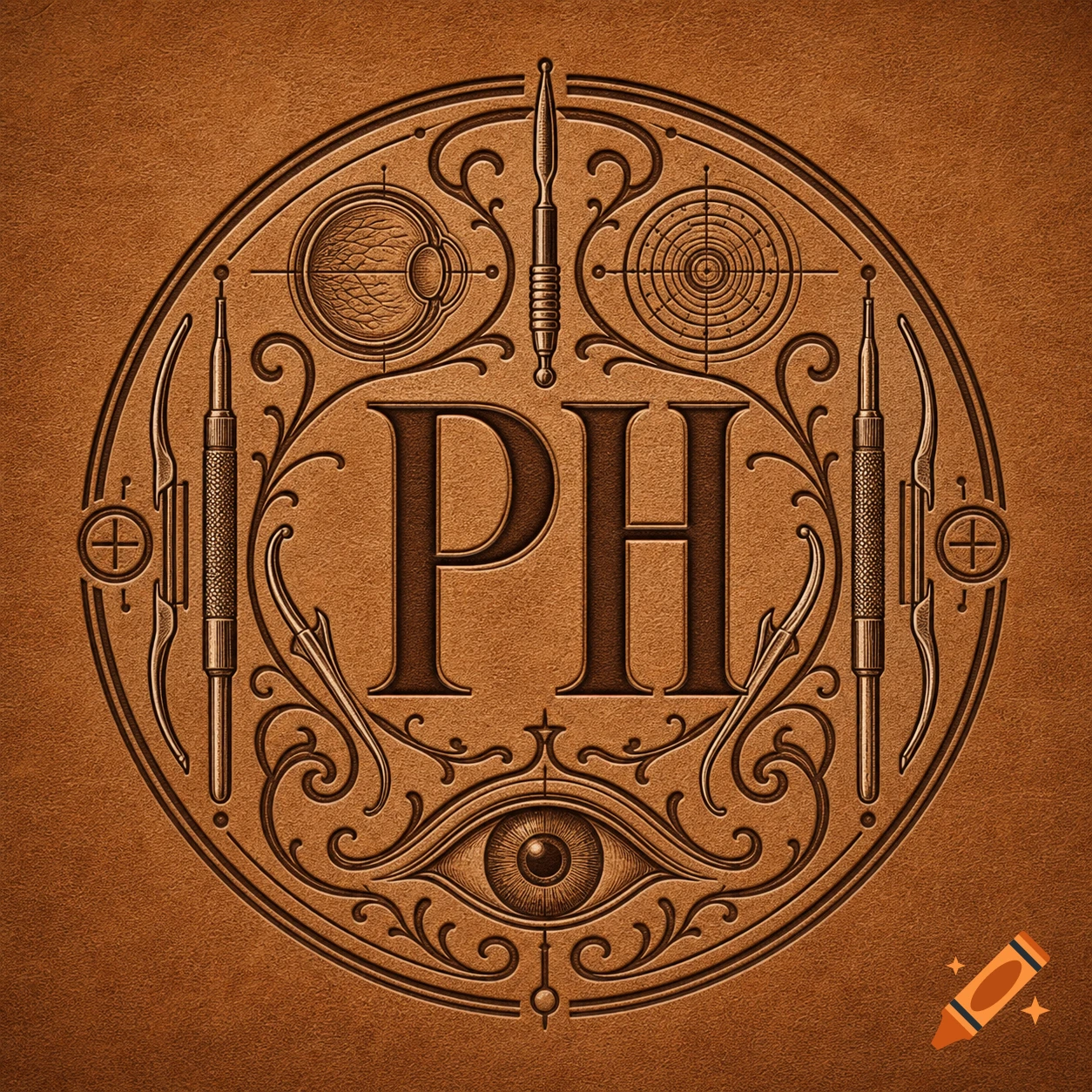 Ornate circular emblem resembling a leather stamp with initials PH, surgical tools, and stylized eyes on a brown textured background.