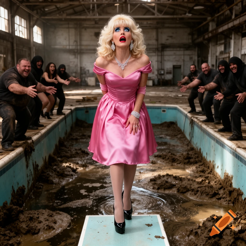 A blonde person in a pink satin dress and heels stands on a diving board over a muddy pool, looking terrified as aggressive figures surround them in an old factory.
