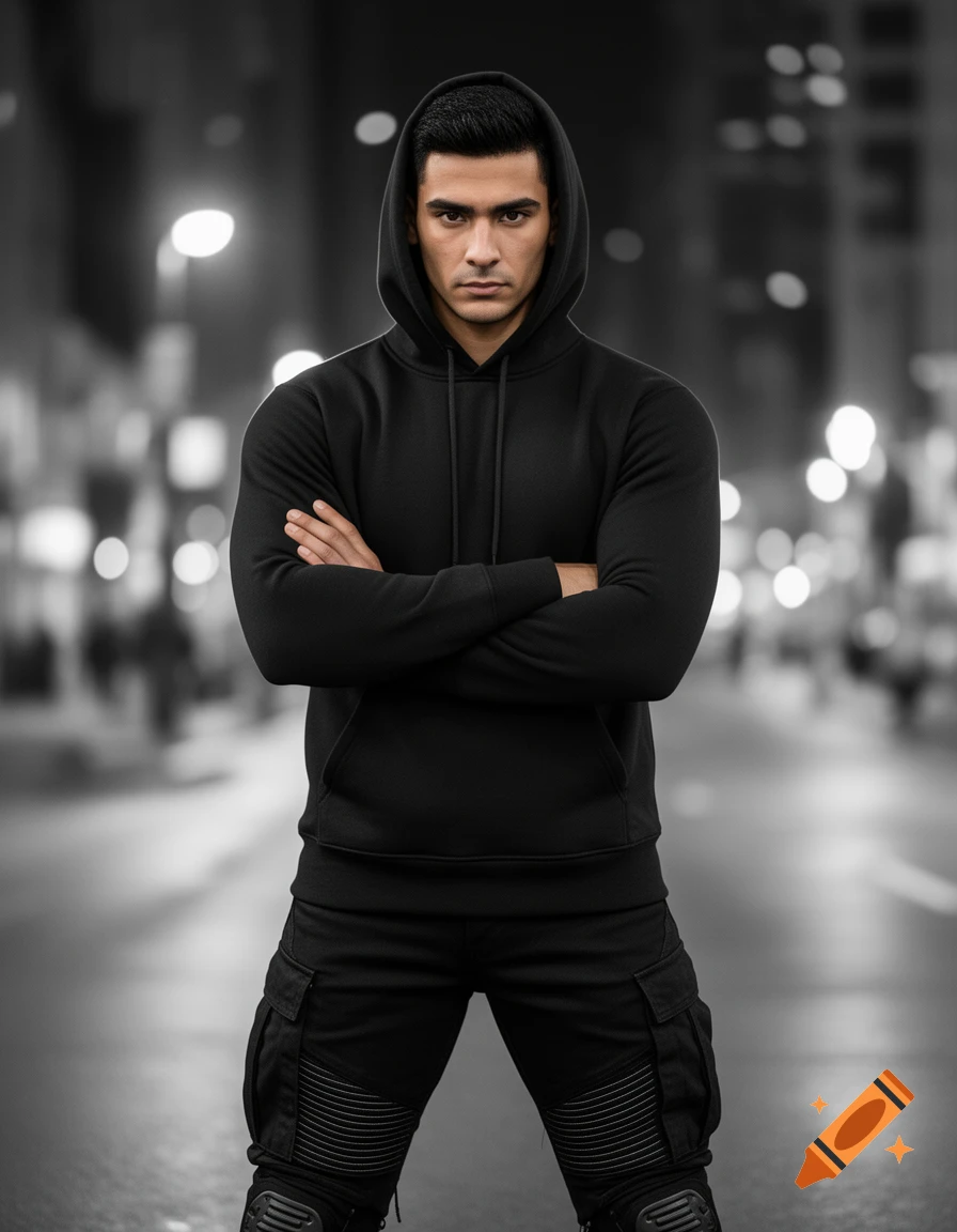 Photorealistic image of a man in a black hoodie and warcore pants, standing with arms crossed on a blurry city street at night.